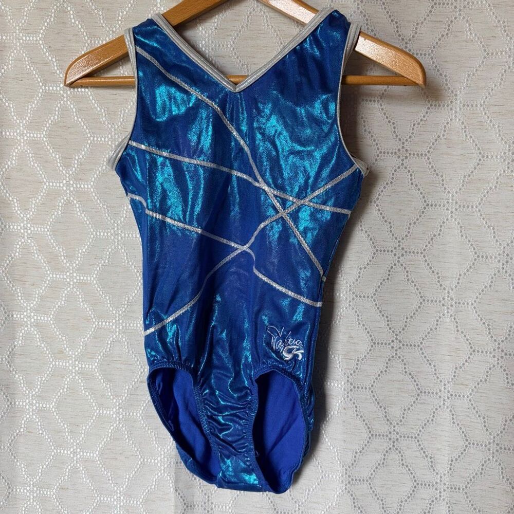 GK Elite Nastia Liukin Blue Silver Metallic Gymnastics Leotard Adult L Acro